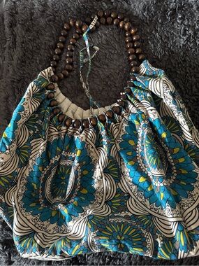 Blue Floral Print Tote with Wooden Bead Handles